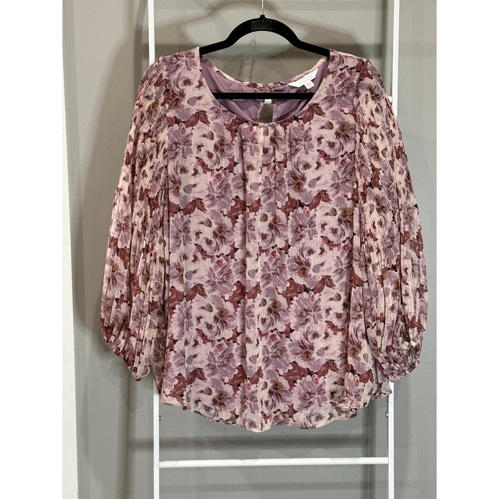 LC Lauren Conrad Womens XL Floral Pleated Sleeve Blouse Mauve Purple Cottagecore